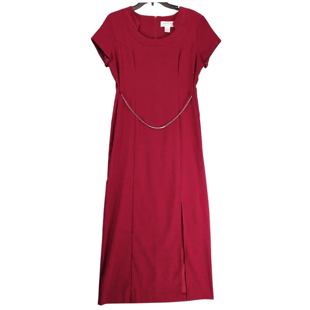 Giorgio Fiorlini Red Microsuede Maxi Dress Sz 9/10 90s-Y2K‎ Leg Slit Waist Chain